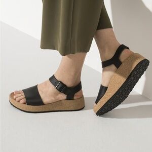 Birkenstock Papillio Glenda Wedge Sandals Black Leather size 37 or 6-6.5